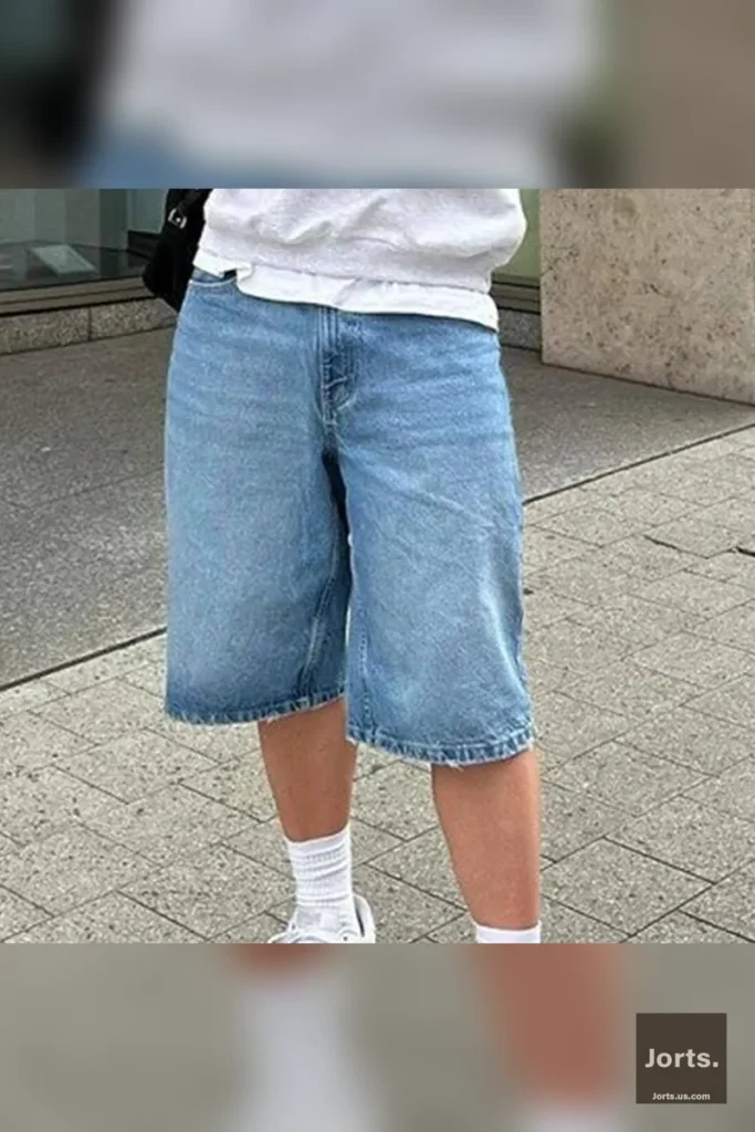 Back view of baggy denim jorts, highlighting the functional pockets and relaxed fit