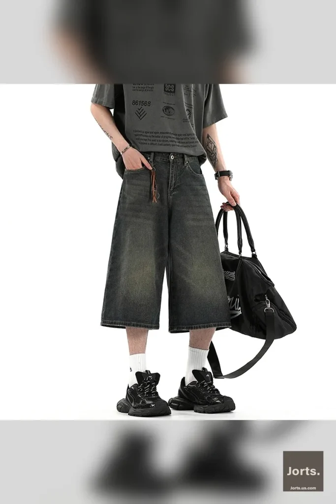 Close-up of the heavy vintage wash on the baggy denim shorts, highlighting the subtle yellowing fades and texture.