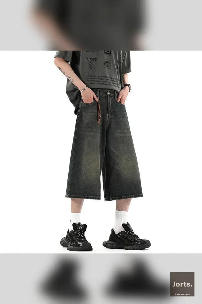 Back view of the baggy denim shorts, showing the relaxed silhouette and overall Y2K streetwear vibe.
