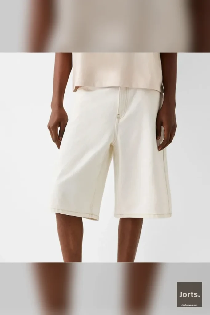 Close-up of the classic button fly closure on the baggy denim jorts