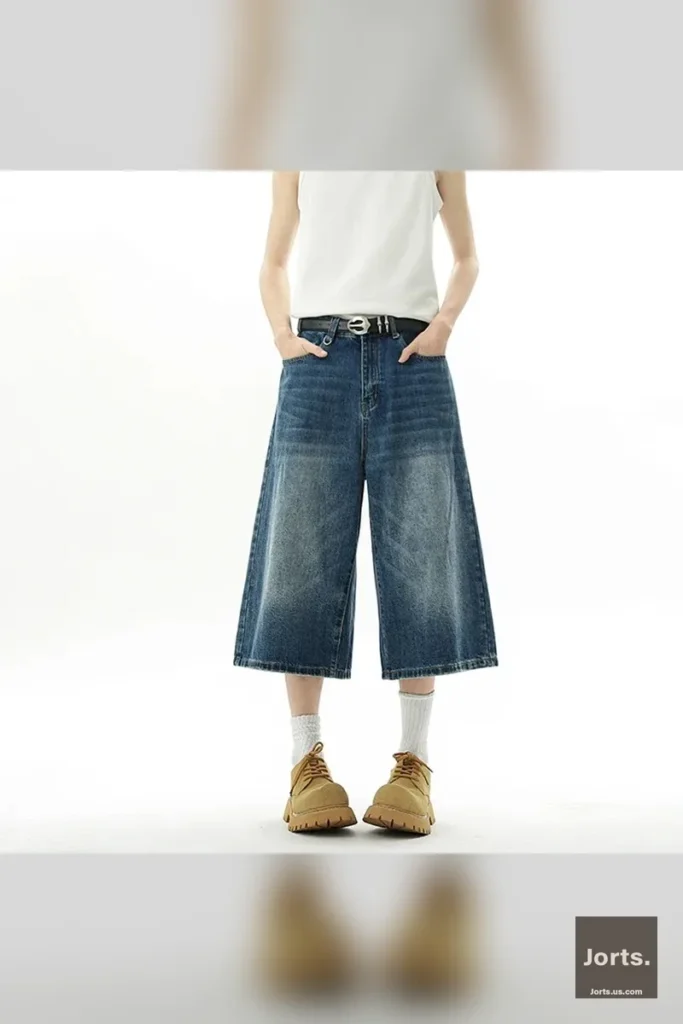 Close-up of the zipper fly and mid-waist design on the men's Y2K baggy jorts.