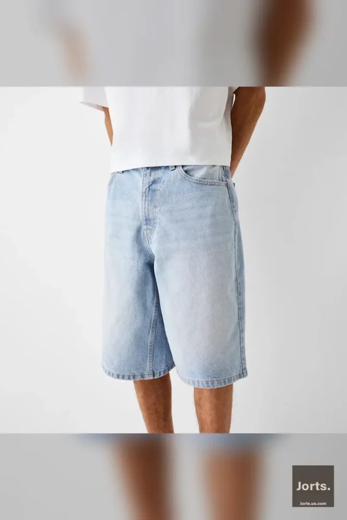 Detail shot of the loose fit and denim texture of the Y2K style jorts