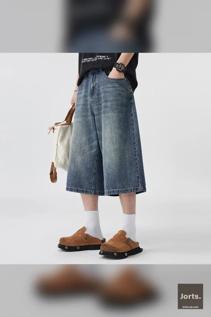 Back view of men's loose wide leg denim jorts, showing pocket placement and overall relaxed fit.