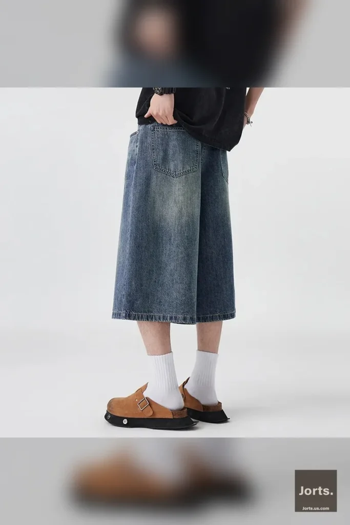 Side view of men's loose wide leg denim jorts, highlighting the calf-length cut and relaxed silhouette.