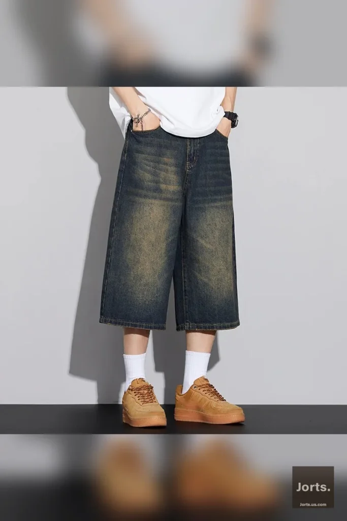 Detailed size chart for men's loose wide leg denim jorts, showing waist, hip, and pant length measurements in inches.