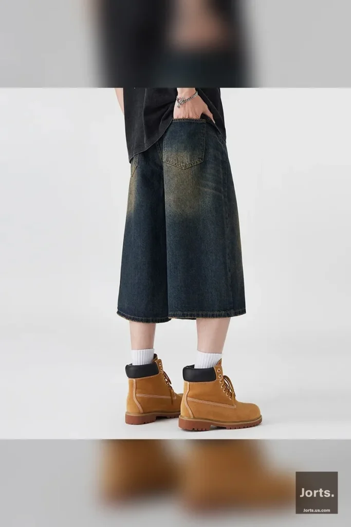 Detail shot of the mid-waist and zipper fly closure of the men's loose wide leg denim jorts.