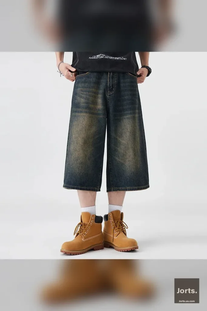 Close-up of the distressed, sand wash, and moustache effect details on the denim jorts fabric.