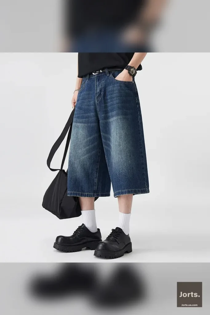 Close-up on the wide leg opening of the denim jorts, emphasizing the loose, baggy fit.