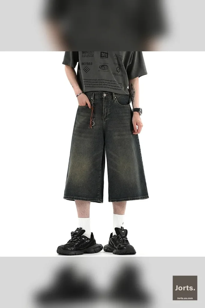 Model wearing the oversized men's denim shorts, styled casually for an authentic Y2K streetwear look.