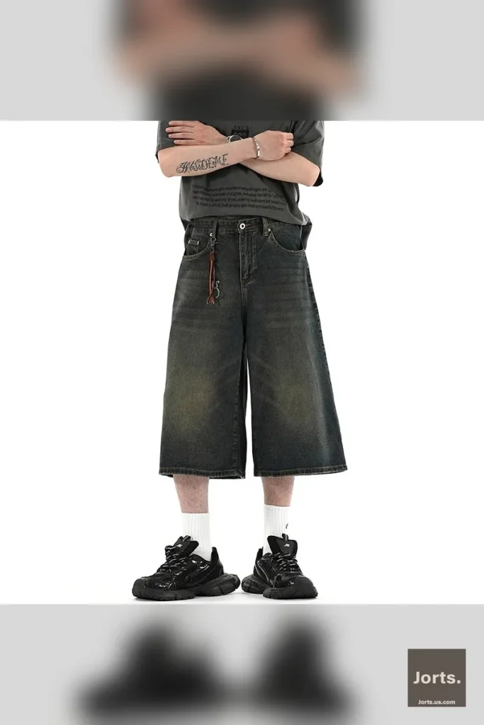 Side view of a model rocking the men's wide-leg jorts, demonstrating the loose fit and over-the-knee length.