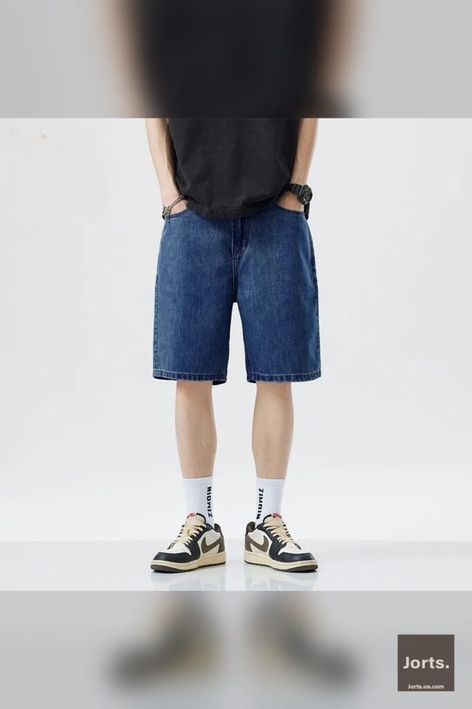 Full body shot of a man standing, showcasing the overall fit of the retro jorts.