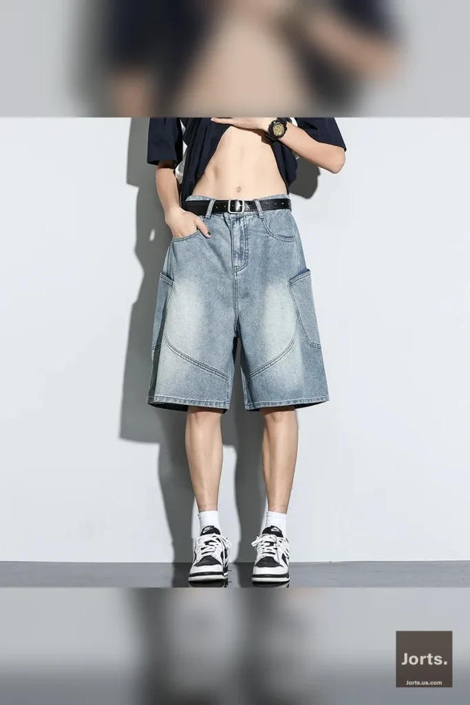 Back view of model showcasing the loose straight fit of Vintage Baggy Denim Shorts, streetwear look