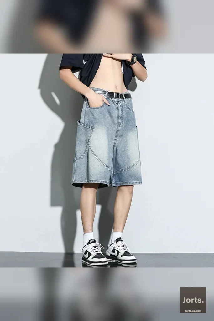 Close-up of elastic waist and drawstring detail on Vintage Baggy Denim Shorts, comfortable fit