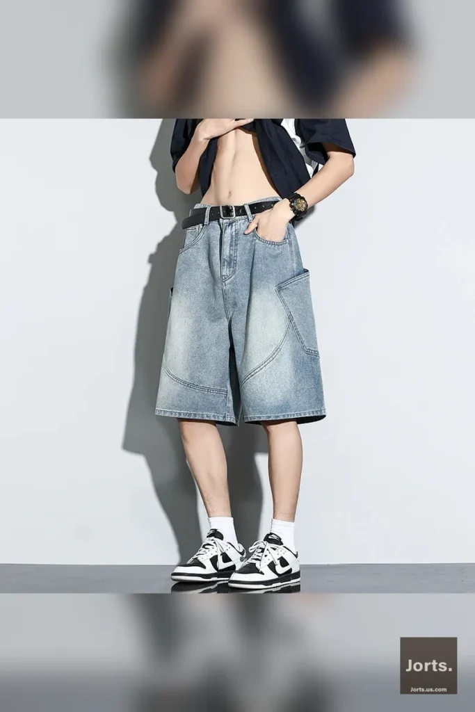 Texture detail of the vintage wash denim fabric on the Baggy Shorts, showcasing quality material