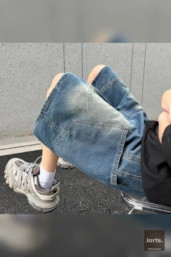 Model wearing Vintage Baggy Denim Shorts with elastic waist and drawstring, front view, Y2K streetwear