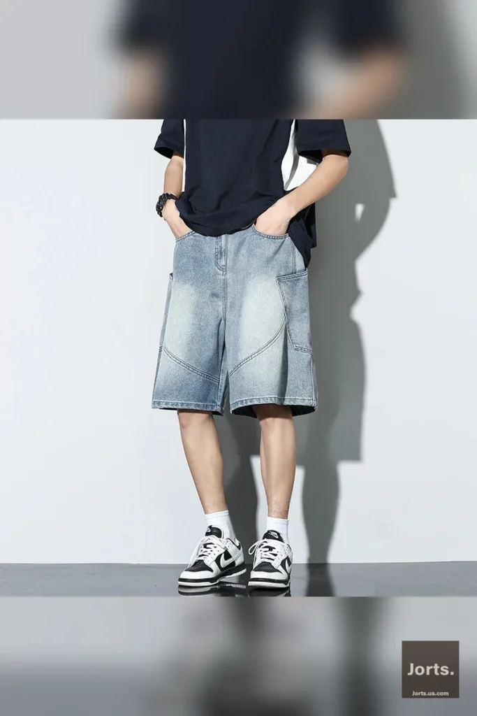 Lifestyle shot of model enjoying summer in Vintage Baggy Denim Shorts, evoking carefree vibes