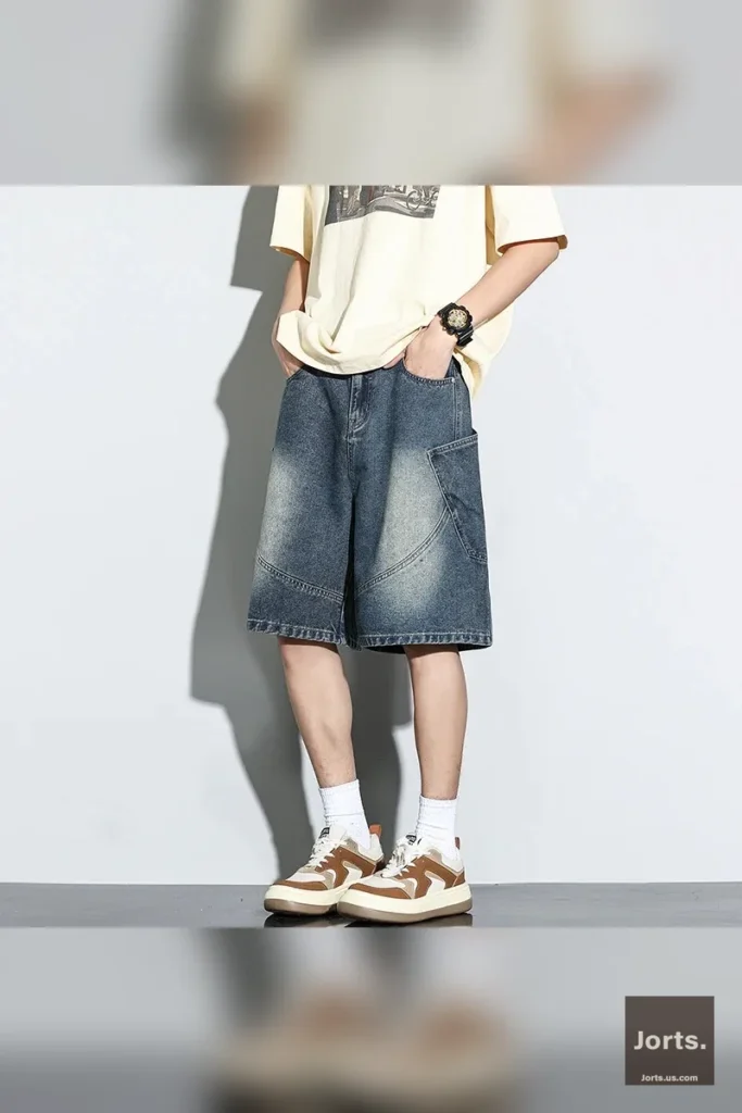 Street style shot of model in Vintage Baggy Denim Shorts, perfect for Y2K fashion inspiration
