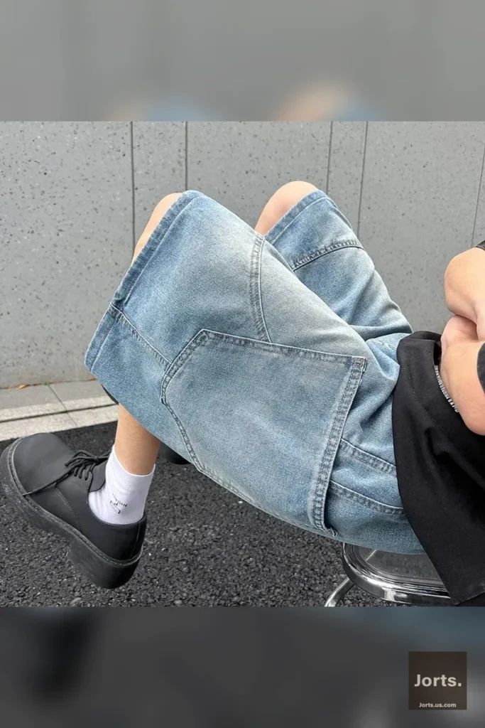 Side profile of model wearing relaxed fit Vintage Baggy Denim Shorts, showcasing the loose style