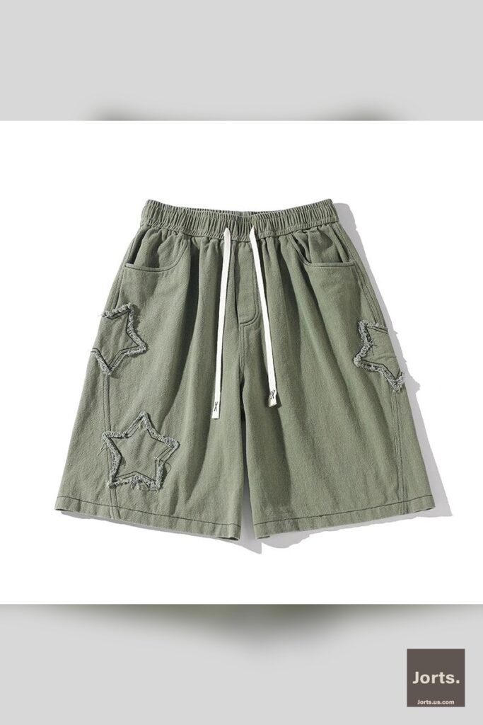 Back view of men's vintage star patchwork shorts, showing pockets and loose fit
