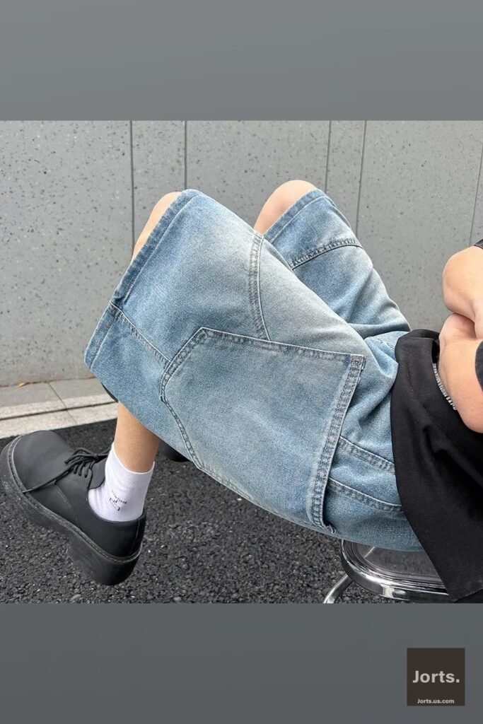 Male model wearing Y2K style baggy denim shorts, showing the relaxed fit from the side profile.