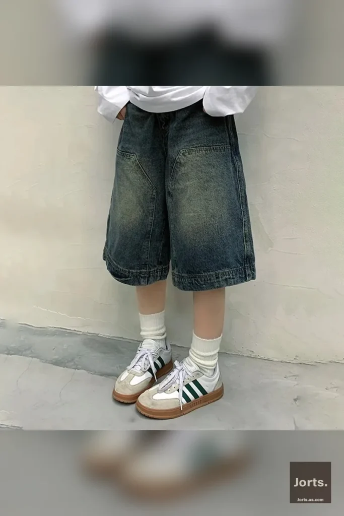 Model wearing vintage Y2K baggy jean shorts with a wide leg and light wash, front view