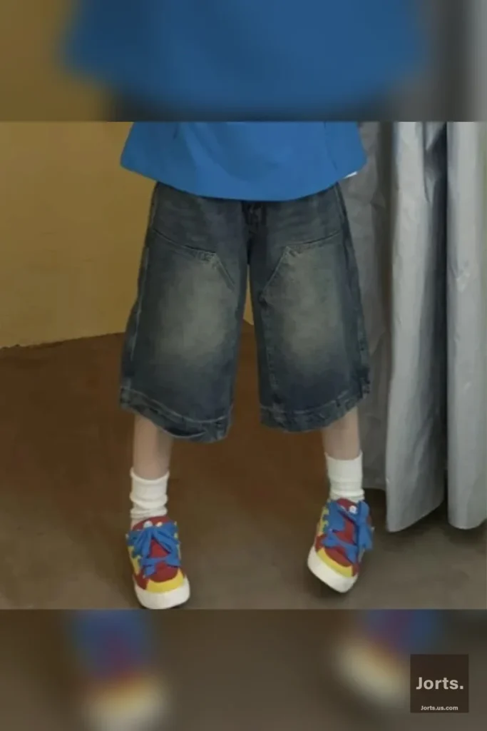 Back view of model wearing Y2K denim shorts, showing pocket placement