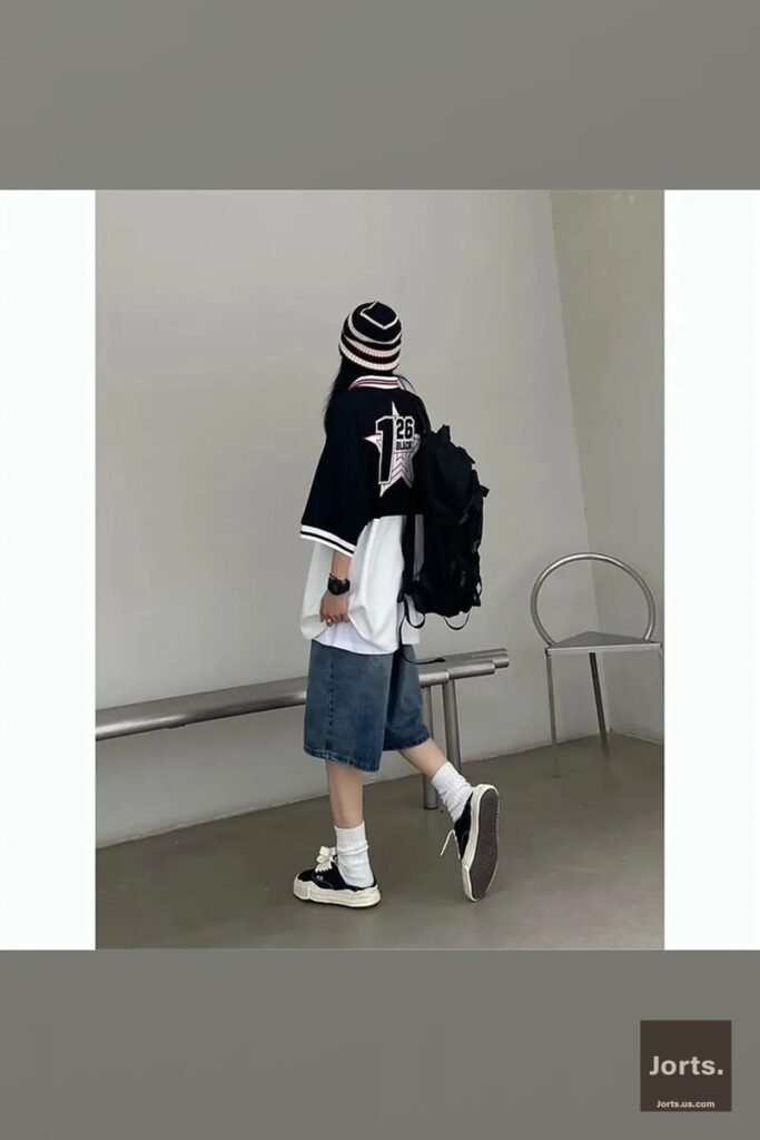 Back view of Y2K baggy jean shorts on model, highlighting pocket and hem details.