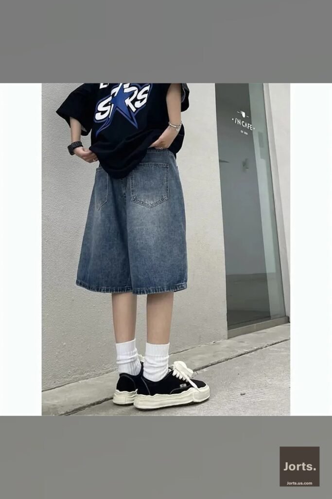 Detail shot of the decorative sash belt on the high-waist Y2K baggy jean shorts.