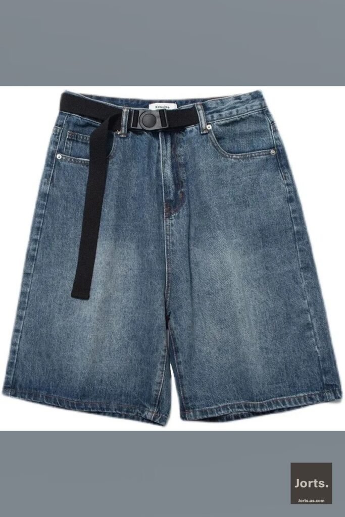 US size chart for Y2K baggy jean shorts, showing waist, hip, and length measurements in inches.