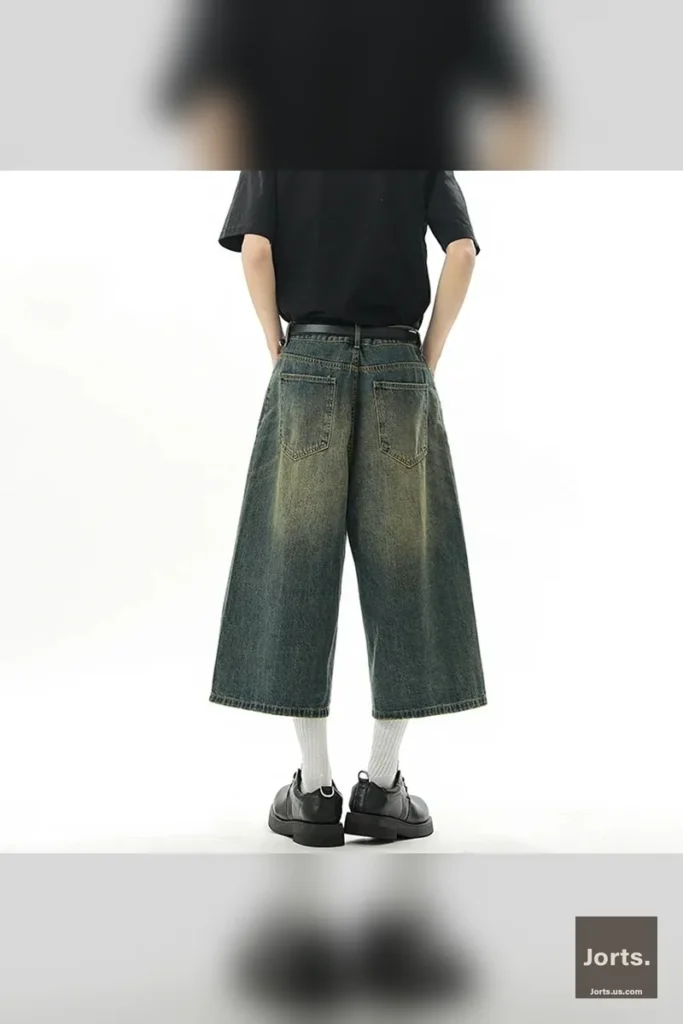 Men's Y2K baggy jorts styled with a casual streetwear outfit, perfect for a retro look.