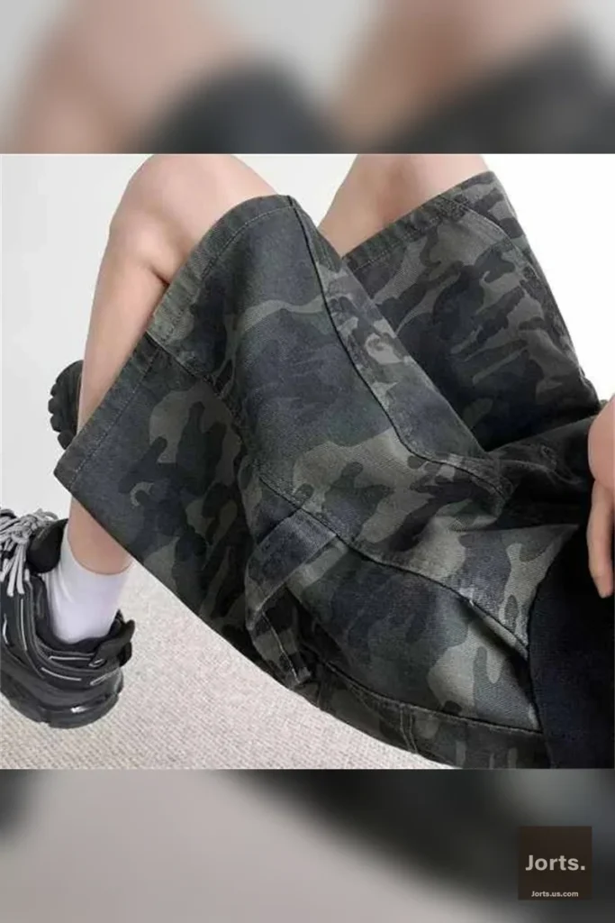 Close-up of the camouflage pattern and cotton-polyester fabric texture on the Y2K cargo jorts.