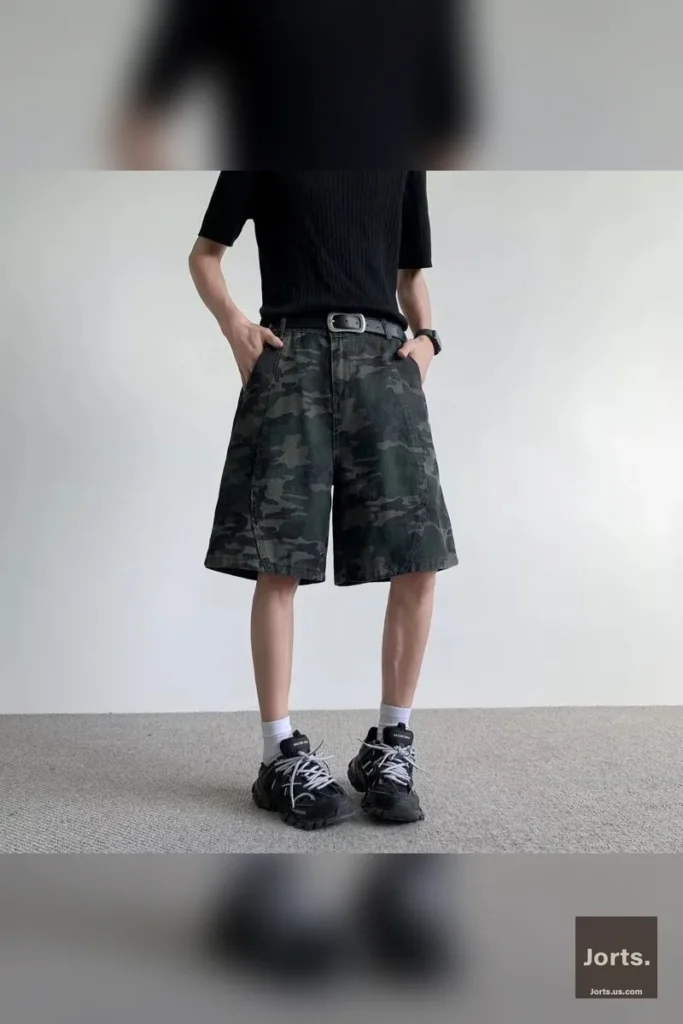 Y2K camo baggy cargo jorts laid flat, showcasing the full design and camouflage pattern.