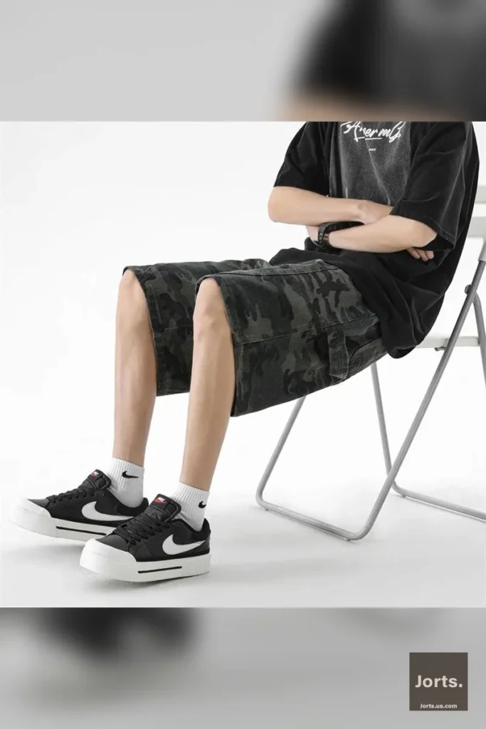 Model casually posing in Y2K camo baggy cargo jorts, demonstrating comfort and street style versatility.