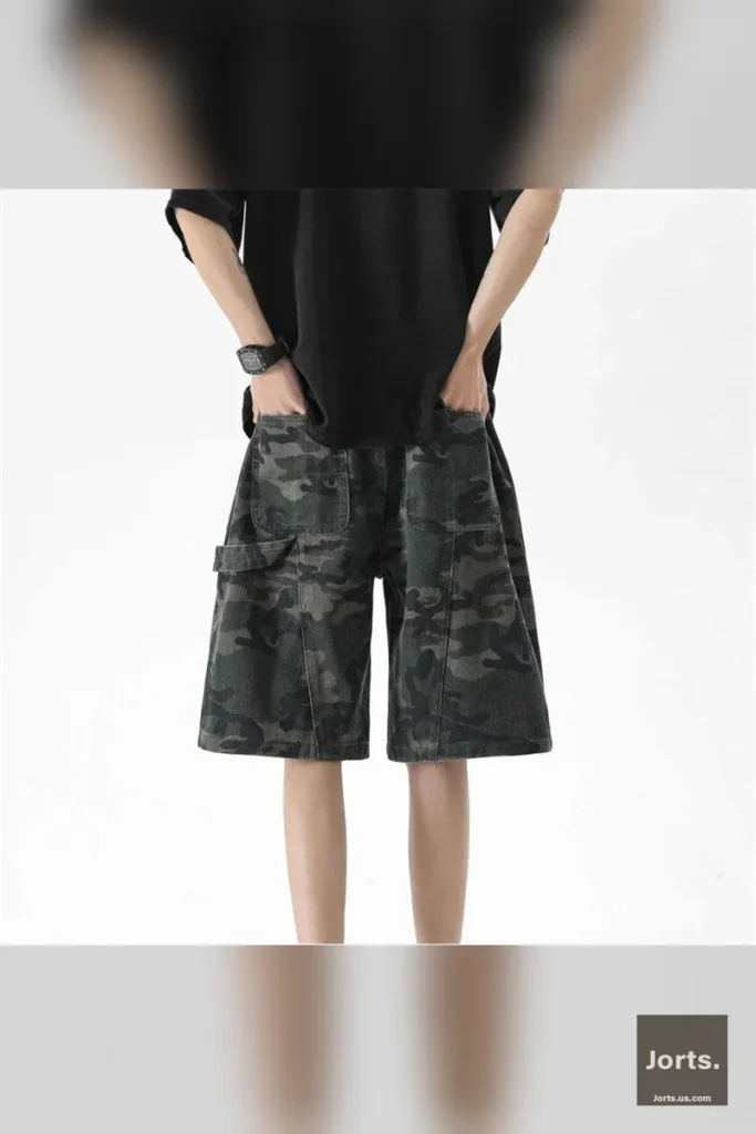 Back view of Y2K camo baggy cargo jorts on a model, showing pocket details and overall fit.