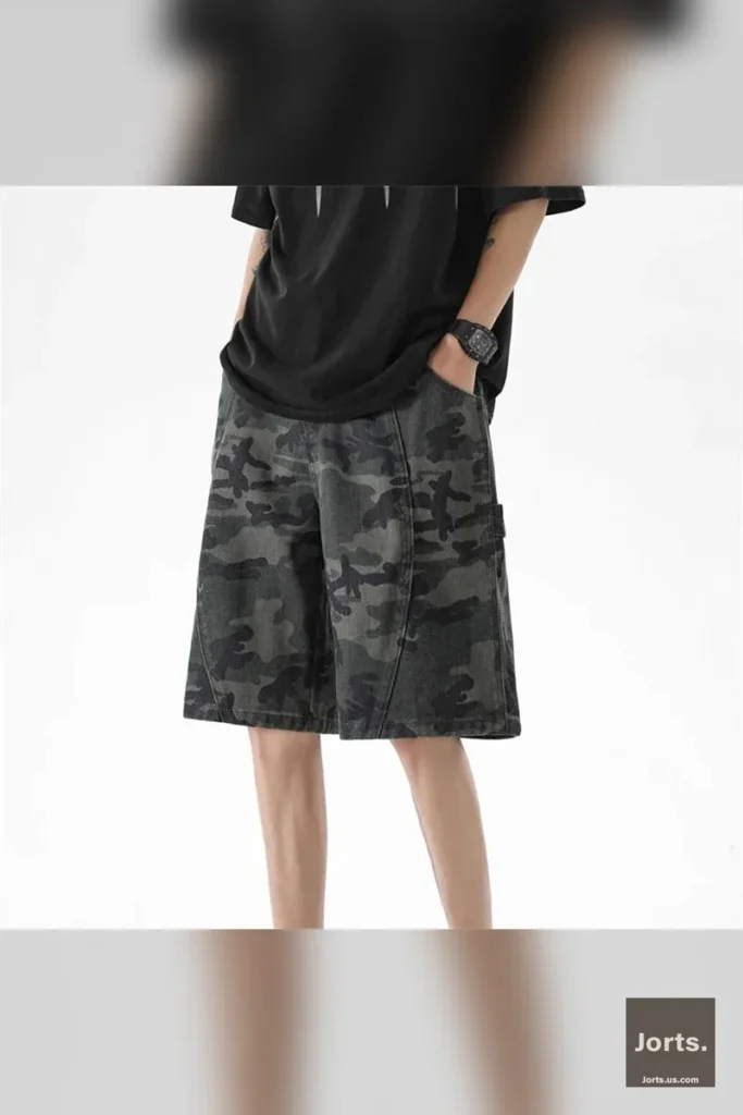 Model wearing Y2K camo baggy cargo jorts for men, front view, showcasing loose fit and knee length.