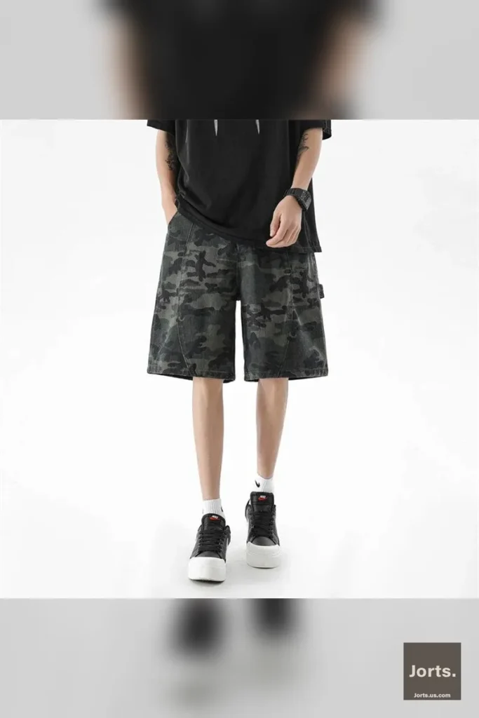 Detail shot of a cargo pocket on the Y2K camo baggy jorts, showing construction and button closure.