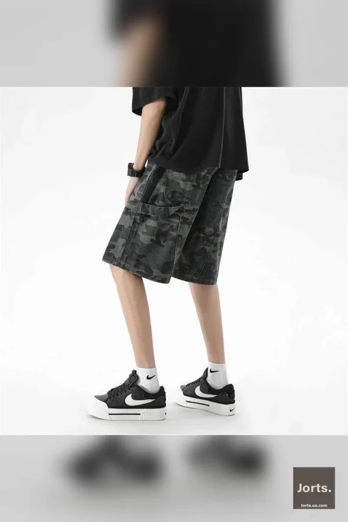 Close-up of the mid-waist and button fly closure of the Y2K camo baggy cargo jorts.