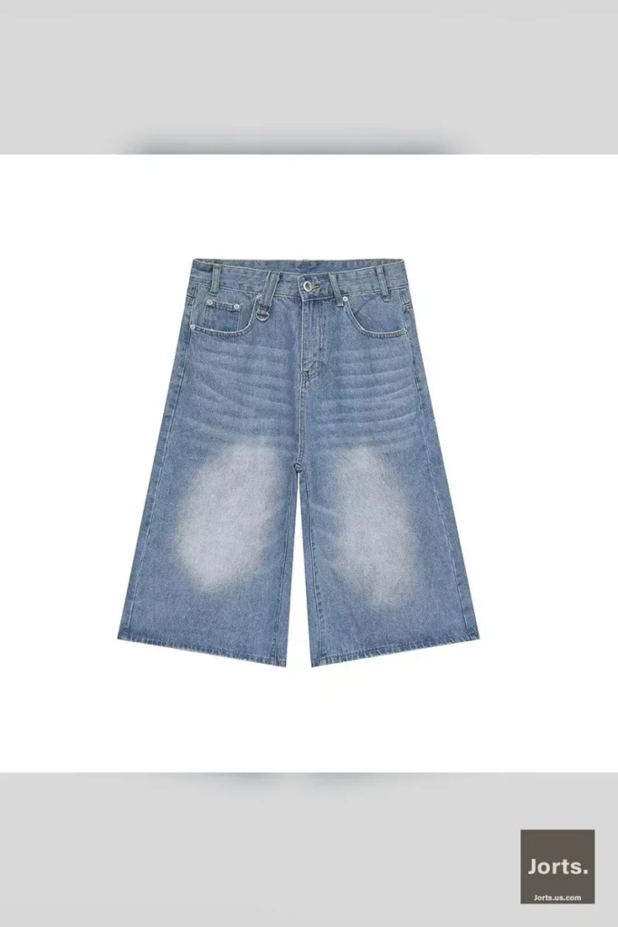 Flat lay of the Y2K baggy denim jorts, highlighting the fabric texture and wide-leg cut.