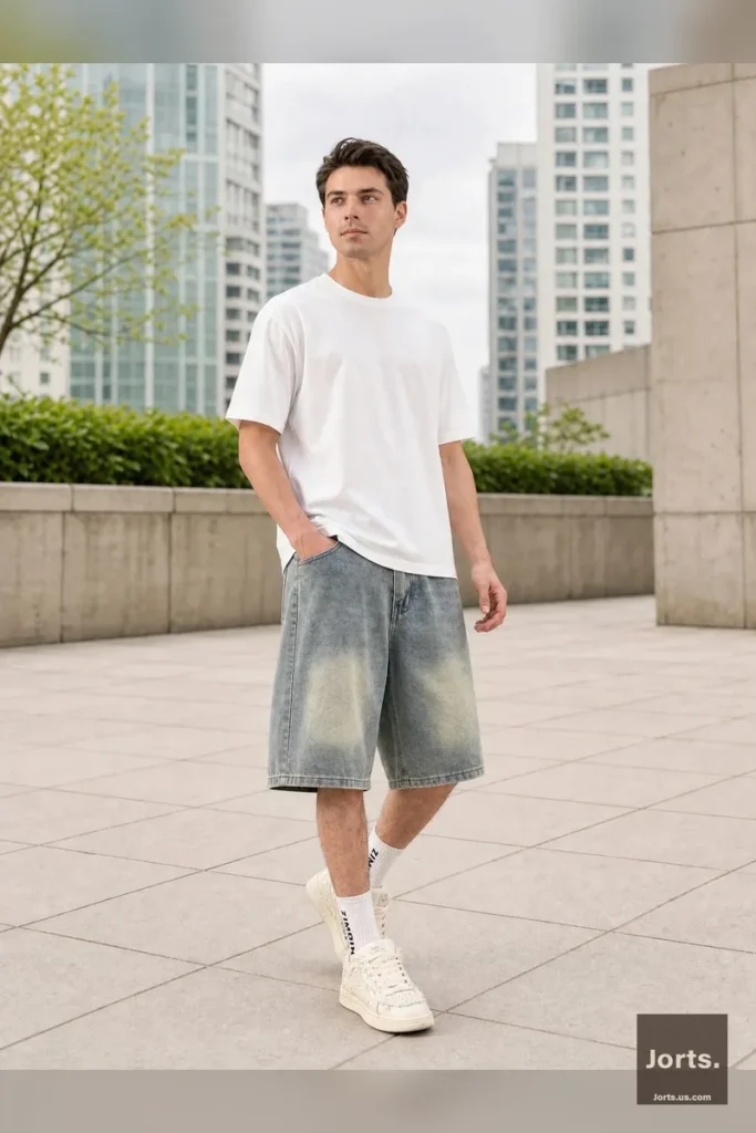 Close-up of the heavy vintage wash on men's denim jorts, revealing the subtle yellowing fades and lived-in retro texture.