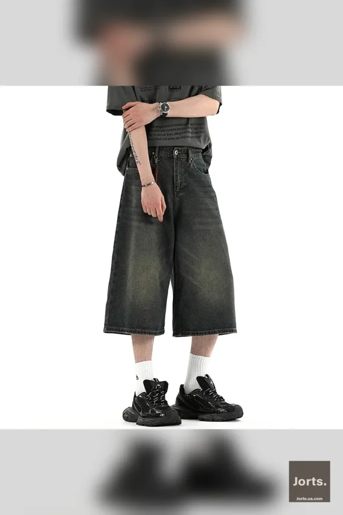 Detailed shot of the lightweight and breathable denim fabric used in the Y2K-inspired baggy shorts.