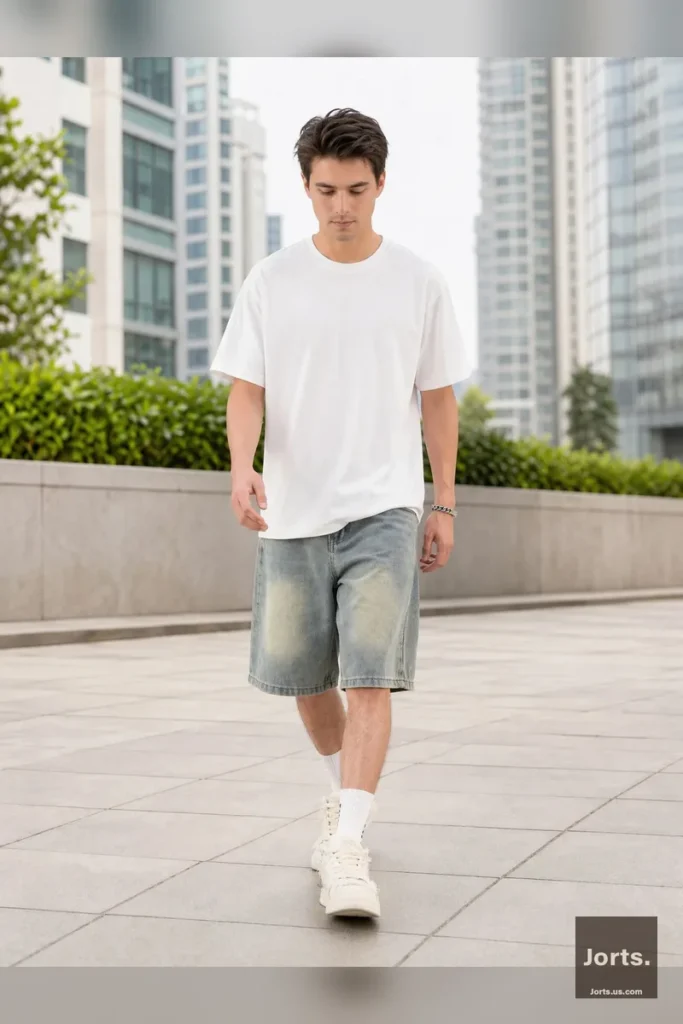 Detail shot of high-quality hardware and heavy-duty stitching on men's loose denim jorts, emphasizing durability.