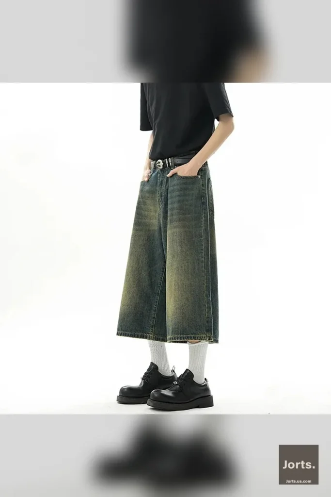 Close-up of the unique sequined detail on the Y2K baggy denim jorts, adding an edgy touch.