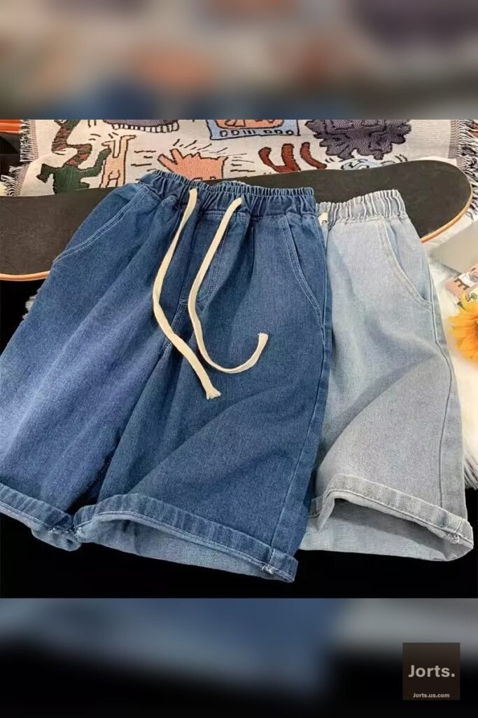 Side profile of a man showcasing the loose fit of Y2K denim jorts.