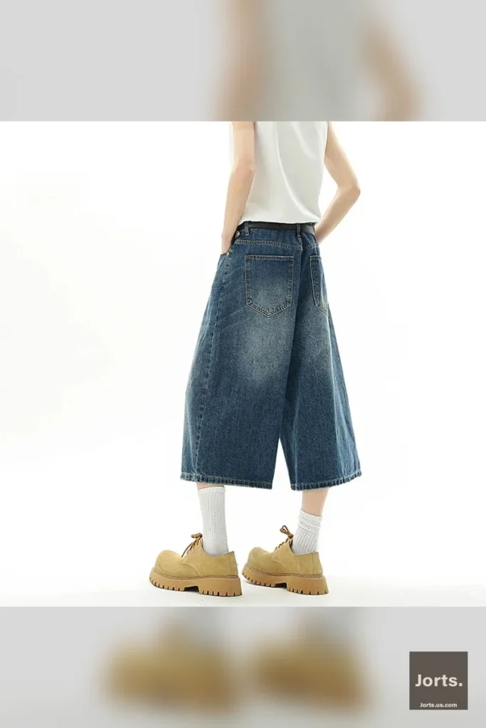 Back view of retro baggy jorts, showing pocket design and overall relaxed silhouette.