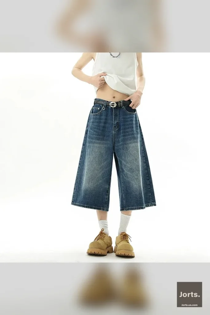 Side view of men's baggy Y2K jorts, highlighting the wide-leg and calf-length cut.