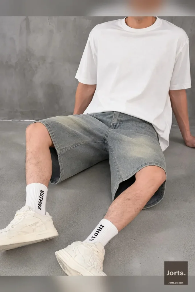 Model wearing men's loose denim jorts in a Y2K streetwear outfit, paired with a graphic tee and sneakers, showcasing casual style.