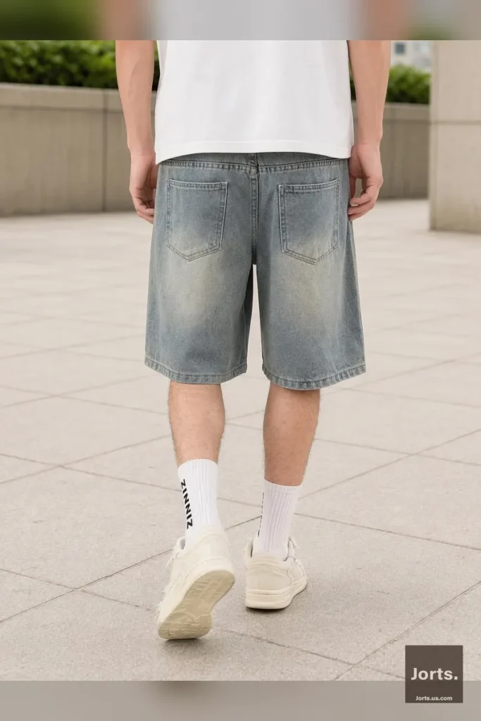 Back view of men's heavy washed denim jorts, showing the loose fit, patch pockets, and unique yellowish gradient.
