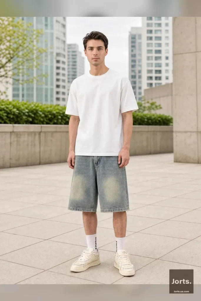 Front view of men's vintage loose denim jorts with a heavy washed soul finish, showcasing the Y2K aesthetic and patch pockets.
