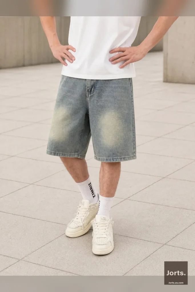 Side profile of men's loose denim jorts, highlighting the straight leg fit and knee-length cut for a classic Y2K look.