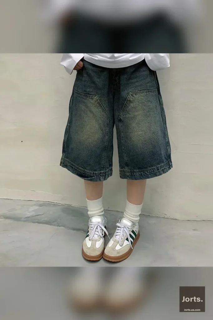 Side view of women's Y2K wide leg denim shorts, showcasing the loose fit